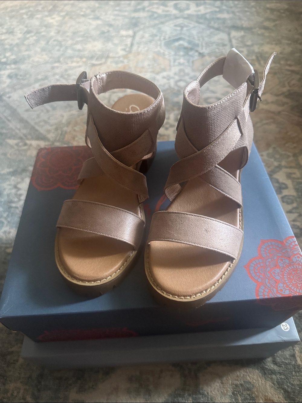 Carlos by Carlos Santana Taupe Crisscross Ankle Strap Sandals